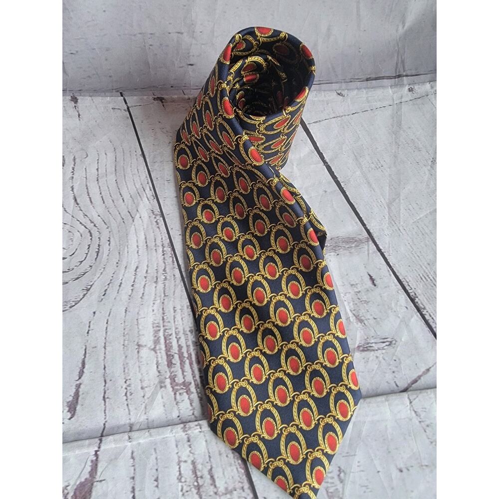 Benjamin James Mens Blue Gold Red Geometric Neck Tie 100% Silk Made In England